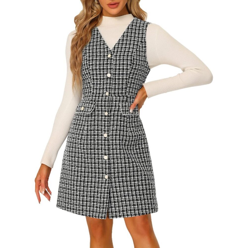 Women's V-Neck Pinafore Dress Polyester Sleeveless Vintage Tweed Size M
